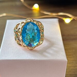 Vintage New Swarovski turquoise‎ crystal Gold Ring size 6